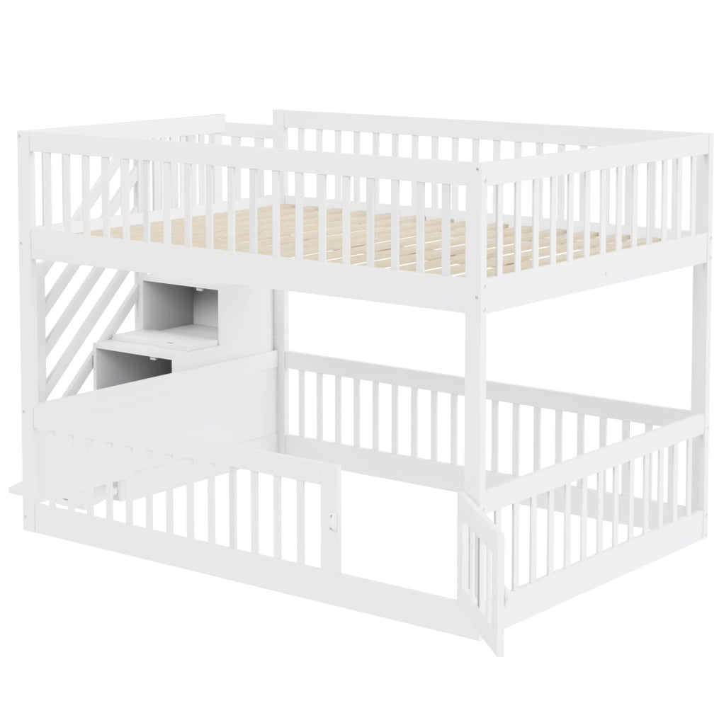 Letto a castello per bambini 140x200 cm con scala a cassetti e sponde; bianco