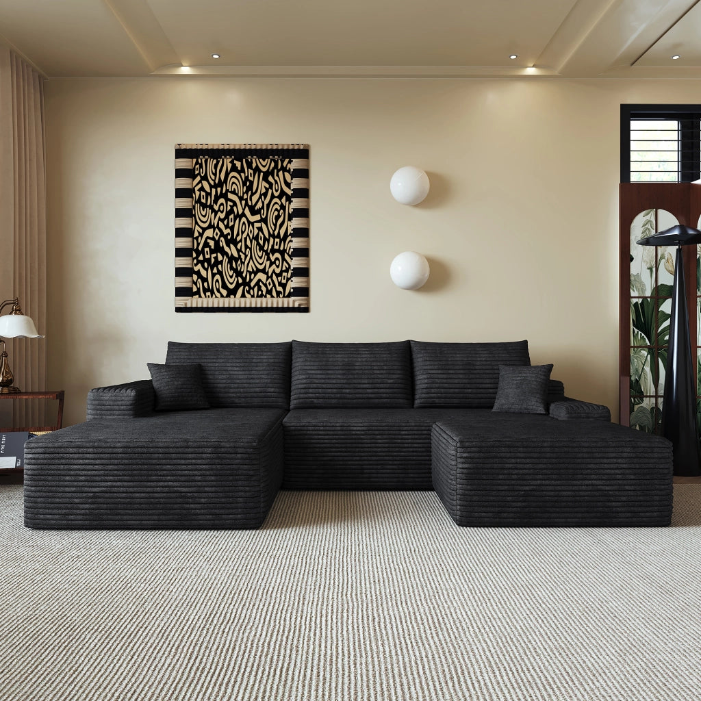 Divano angolare modulare in tessuto a coste con seduta profonda e schiuma elastica nero 270 × 175 × 83 cm