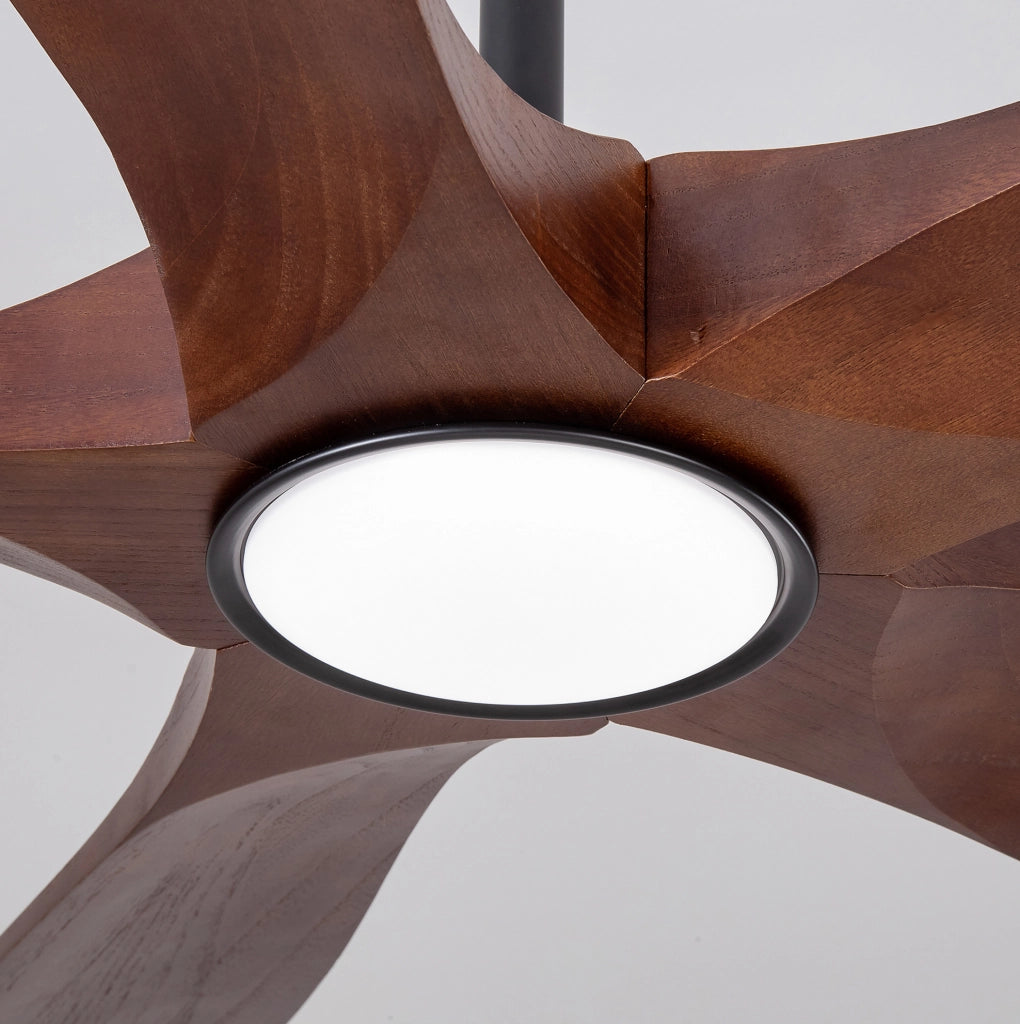 Ventilatore da soffitto con luce; 5 pale in legno massello; noce e nero