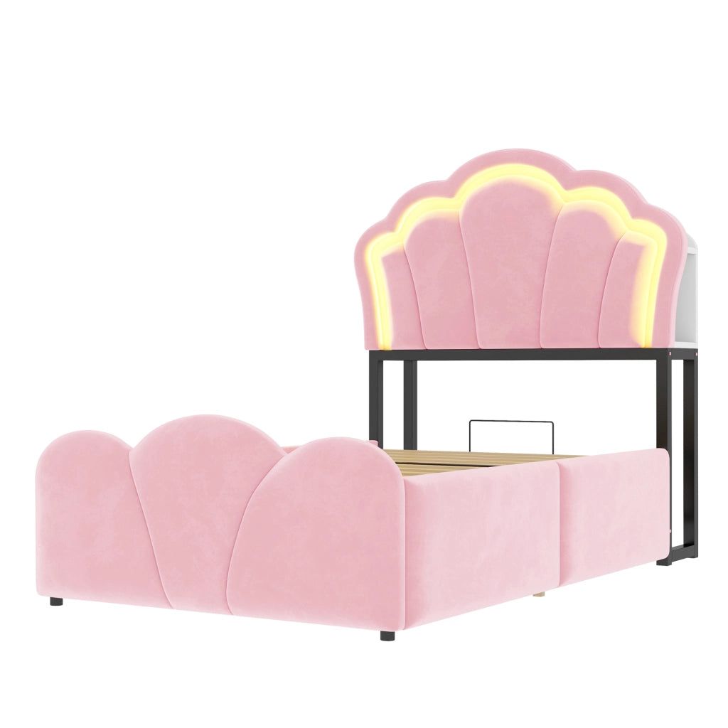 LETTO imbottito 90x200 cm in velluto rosa con LED, prese e contenitore idraulico