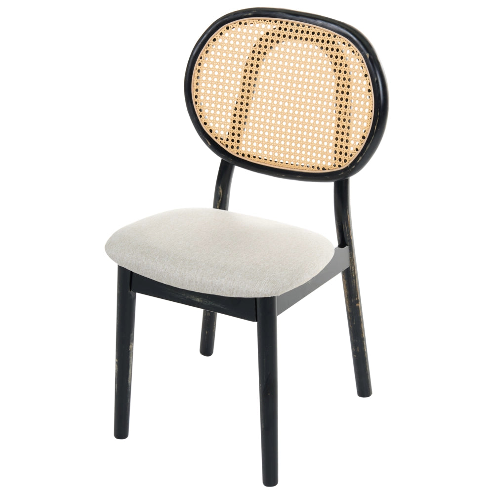 Set di 2 sedie da pranzo con struttura in legno e rivestimento in tessuto nero e beige, schienale ovale con intreccio viennese, stile Japandi