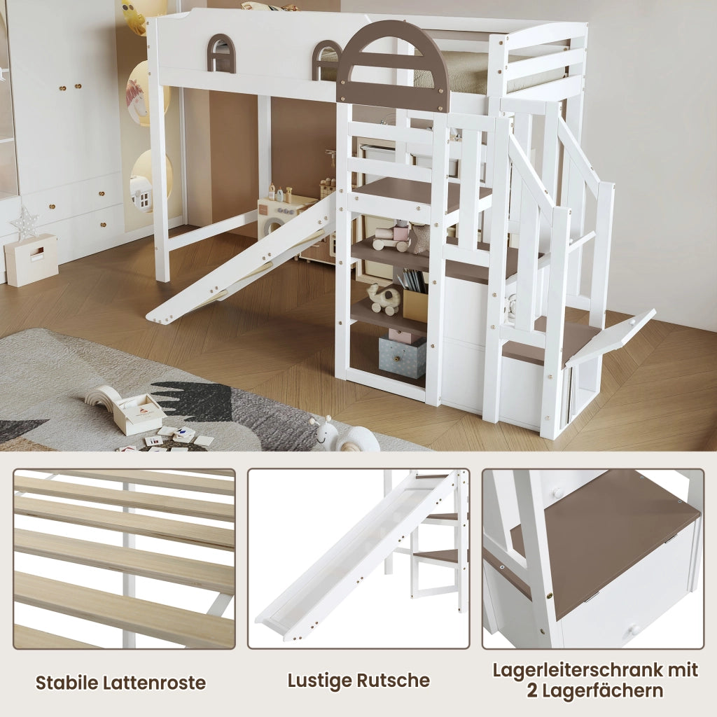 Letto a soppalco per bambini 90x200 cm in pino e MDF; bianco e marrone; con scivolo e scala contenitore per cameretta