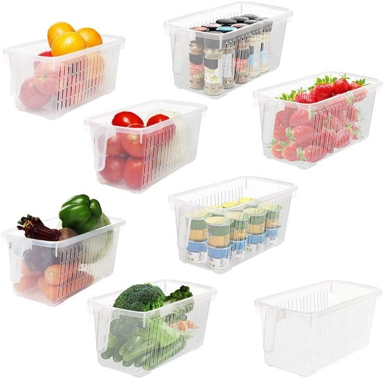 Contenitori di Stoccaggio 32 cm - 8 Pezzi - Piatti di Stoccaggio per Alimenti - Materiale Plastico Translucido - Maniglie - Ideali per Frigorifero e Congelatore - Contenitori di Stoccaggio