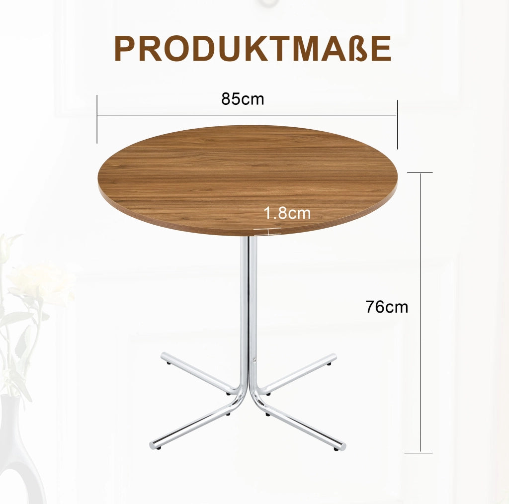 Tavolino rotondo moderno con piano in MDF noce e struttura cromata a 3 gambe