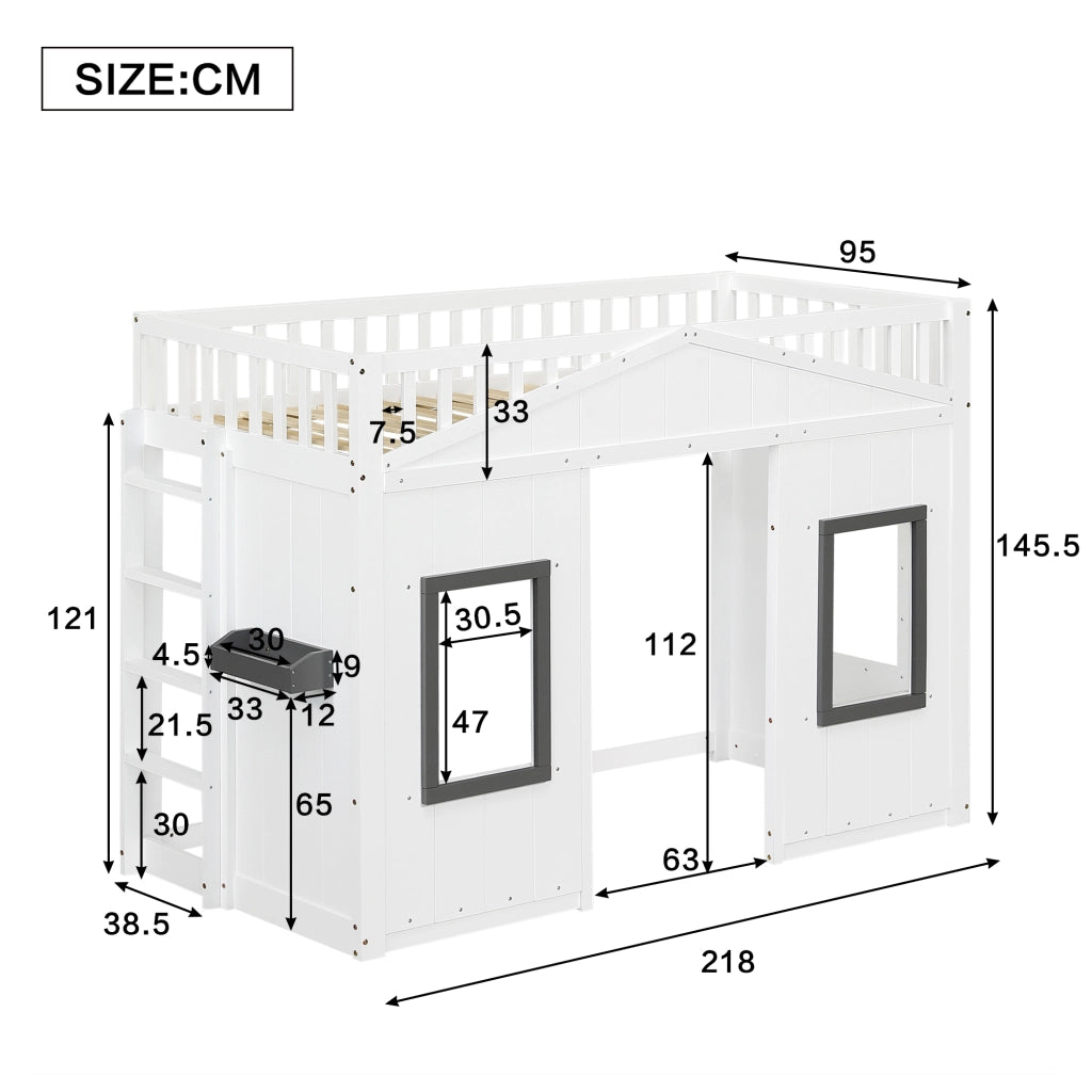 Letto a Soppalco 90x200 cm - Scala; Sponda e Mensola - Legno e MDF - Bianco