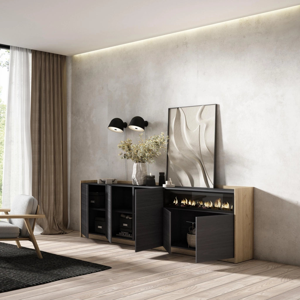 Credenza, Mobile, Cucina, 260x80x37 cm, 5 Porte, Camino elettrico, Nero e rovere