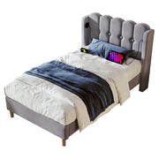 Letto Singolo 90×200 cm; Letto a 1 Piazza con USB; USB-C e Testiera Imbottita; senza Materasso; Lino; Grigio