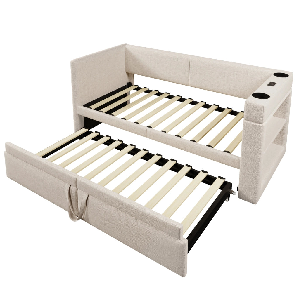 Divano letto 90x200 cm con letto estraibile e braccioli in cotone e lino beige