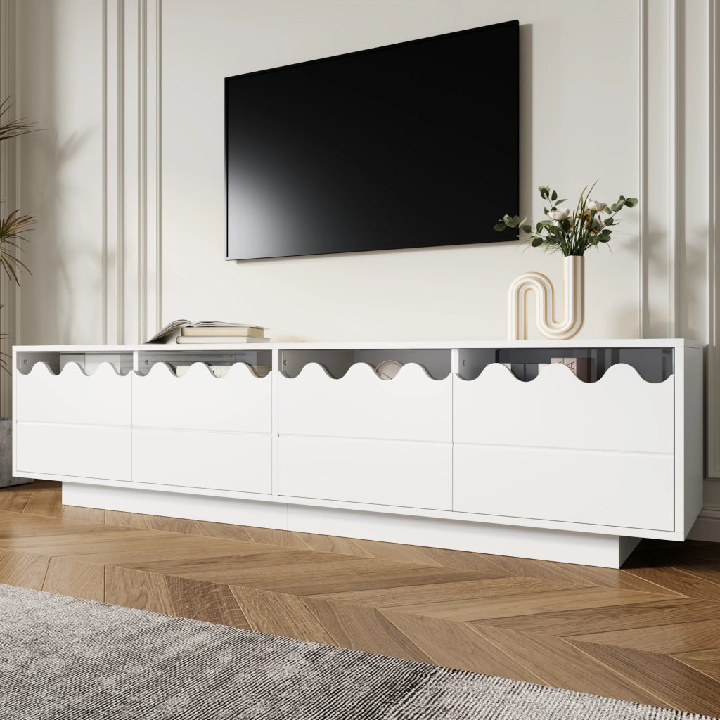 OKWISH Mobile TV con 4 Ante e Ripiani in Vetro Temperato, Design Ondulato, per Soggiorno, MDF e PB, 170 x 40 x 45 cm