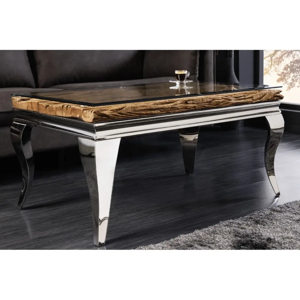 Tavolino basso VELENA 100 cm in teak con vetro temperato – Piedi cromati design barocco