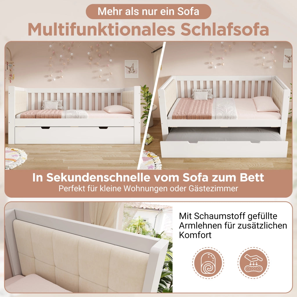 Daybed con letto estraibile 90 × 190 cm, schienale a tre lati, senza materasso, in legno, bianco