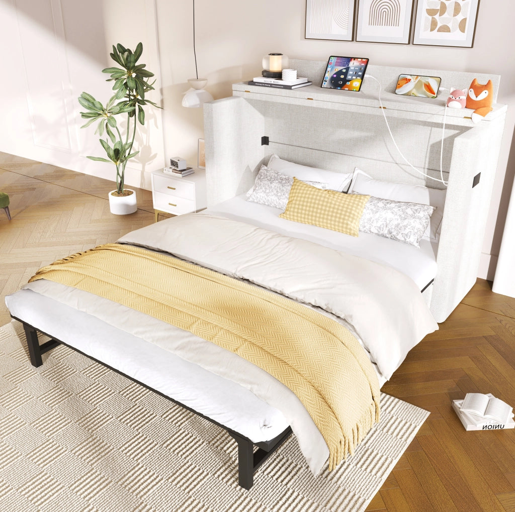 Letto a scomparsa mobile 140x200 cm con cassetto; USB e Type-C; lino beige