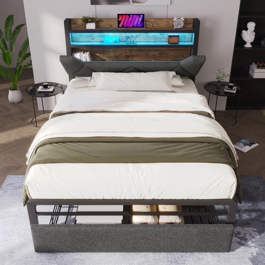 LETTO 90x200 cm in lino grigio con testiera contenitore, LED e cassetti