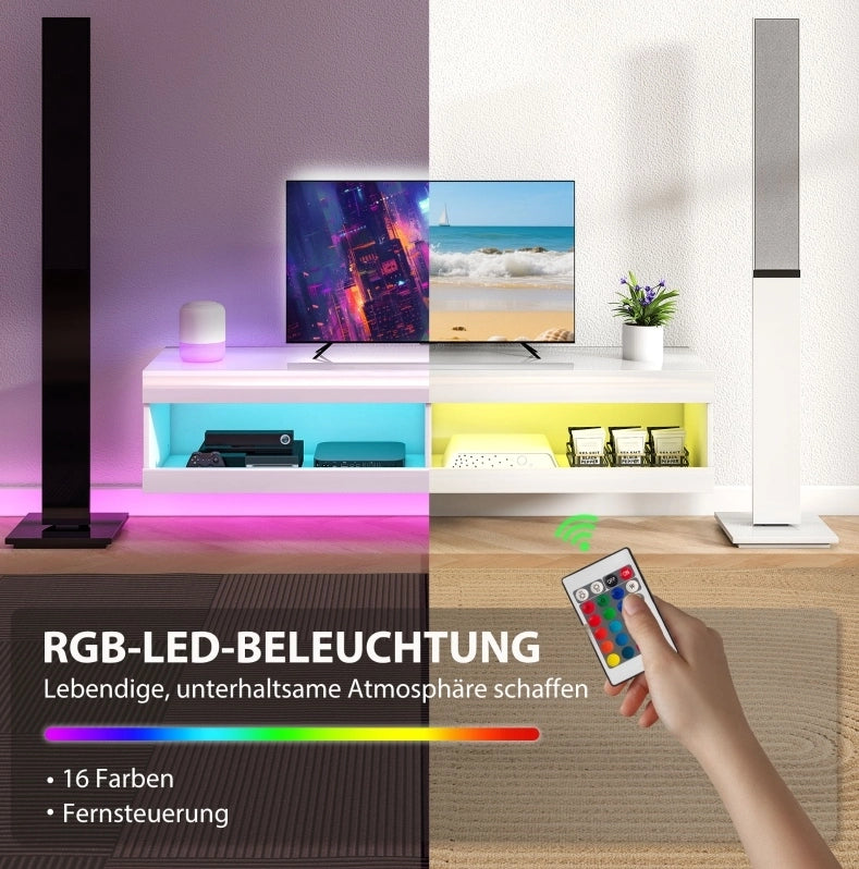 Mobile TV sospeso 140 cm bianco lucido con LED RGB e 2 vani aperti
