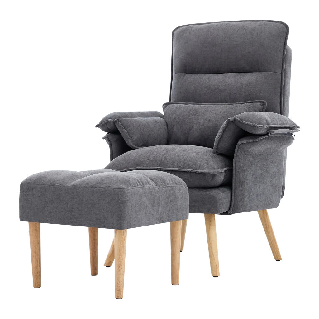 Poltrona Relax con Pouf, schienale regolabile 5 posizioni, tessuto effetto lino grigio