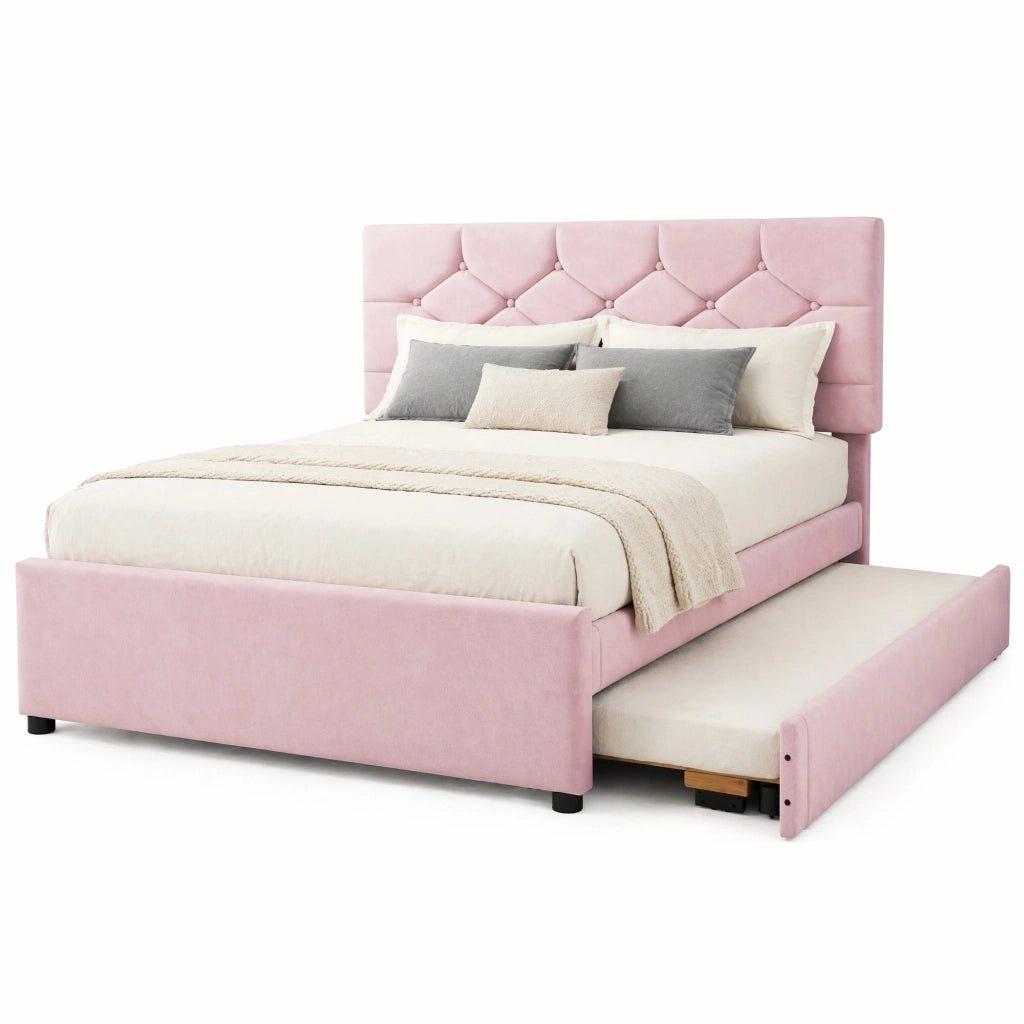 Letto imbottito 140x200 cm in velluto rosa con rete a doghe e letto estraibile, stile minimal