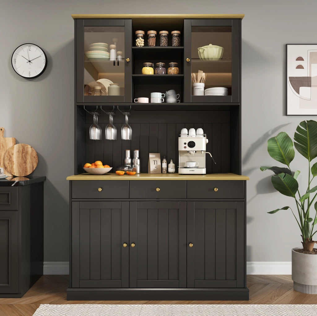 Mobile alto da cucina con vetrine, portabicchieri e prese integrate nero
