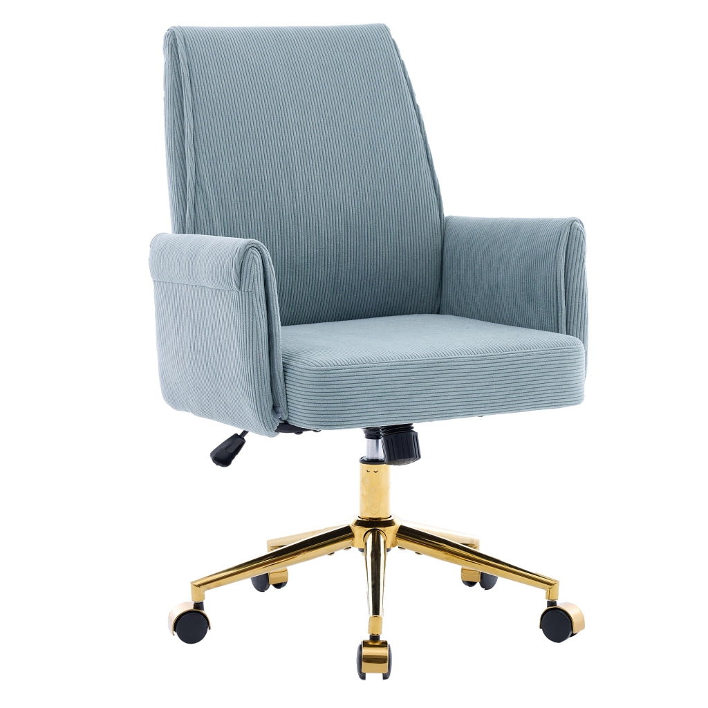 Sedia da ufficio girevole con schienale ergonomico e braccioli, cuscino in memory foam, base in metallo dorato blu