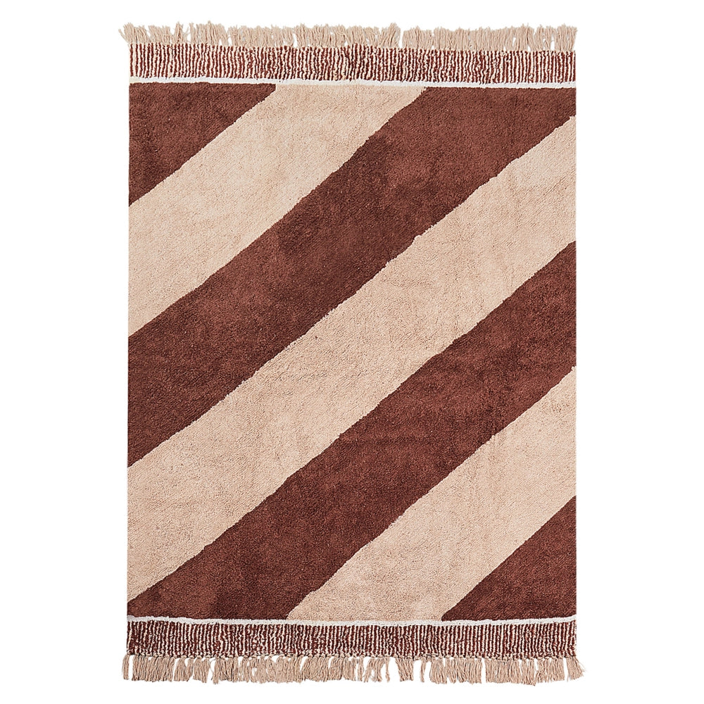 Tappeto marrone e beige in cotone 140 x 200 cm con motivo a righe e nappe in stile boho per il soggiorno