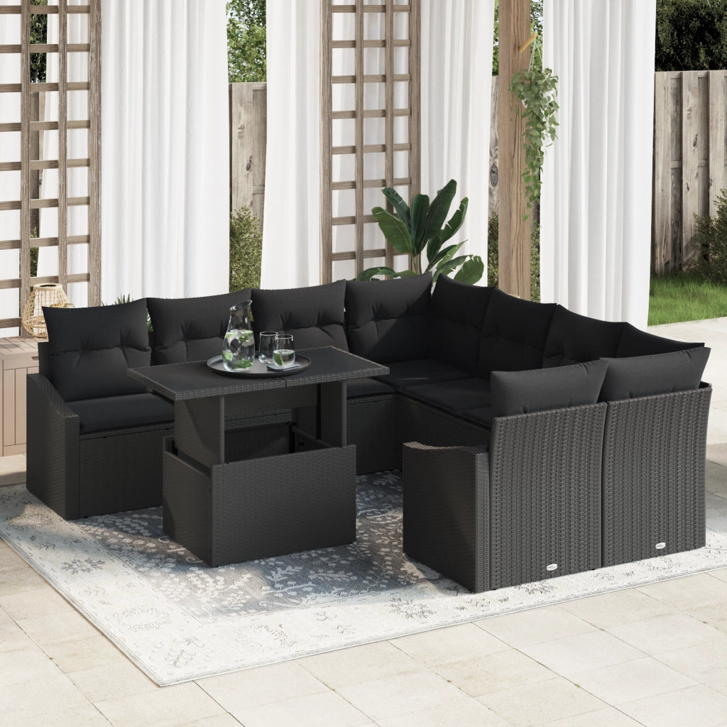Set divani da giardino 9 pezzi con cuscini Nero Polyrattan