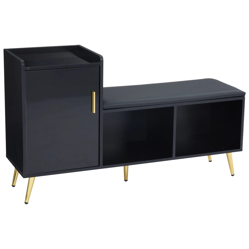Scarpiera con seduta imbottita - Zephmum- Porta armadio nera lucida, ripiani multipli, accessori dorati
