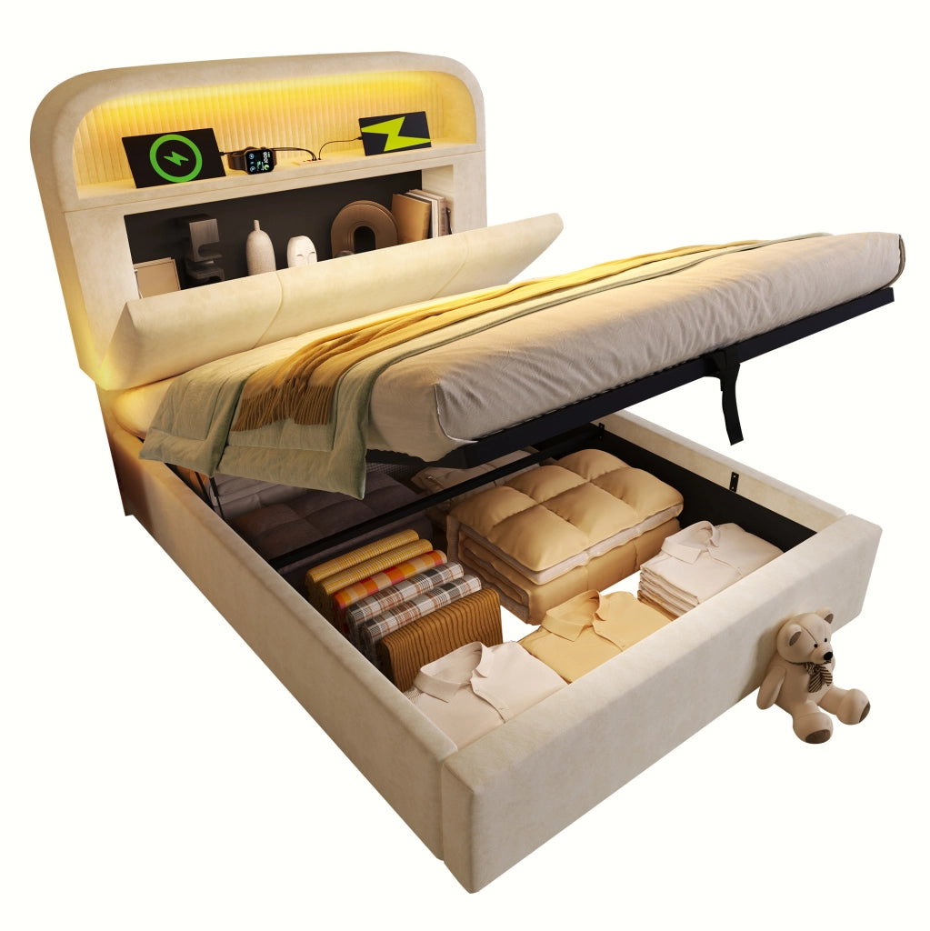 Letto singolo 90x200 cm in velluto beige con testiera regolabile; contenitore; LED e ricarica USB/Type-C