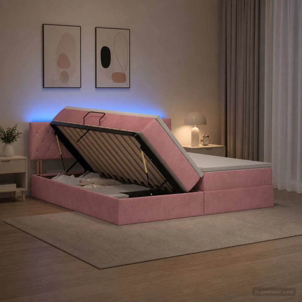 Letto con contenitore LED e materasso Rosa 200 x 200 cm Velluto 3459383