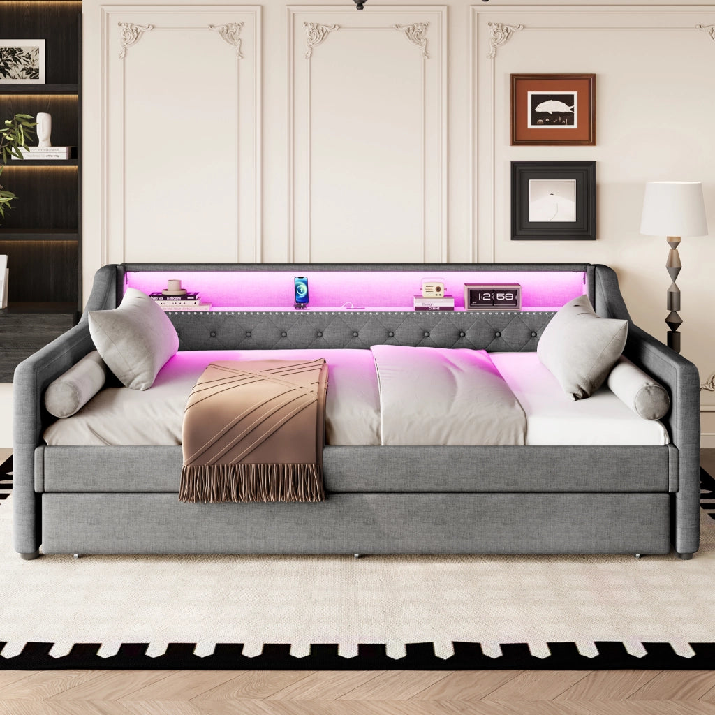 Letto singolo 90×200 cm con LED; USB e letto estraibile; senza materasso; lino; grigio