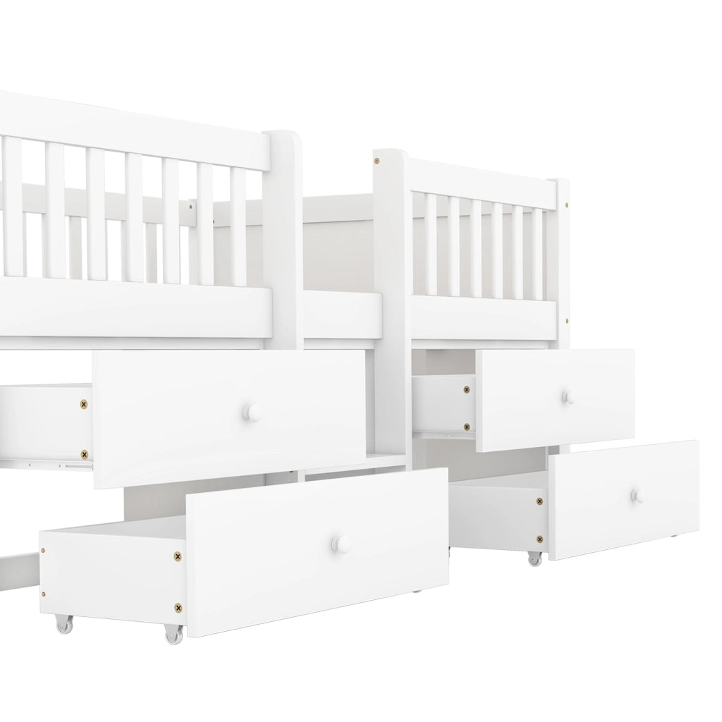 Letto a soppalco 90×200 cm con 4 cassetti; sbarre e scala; senza materasso; pino; bianco; per camera da letto