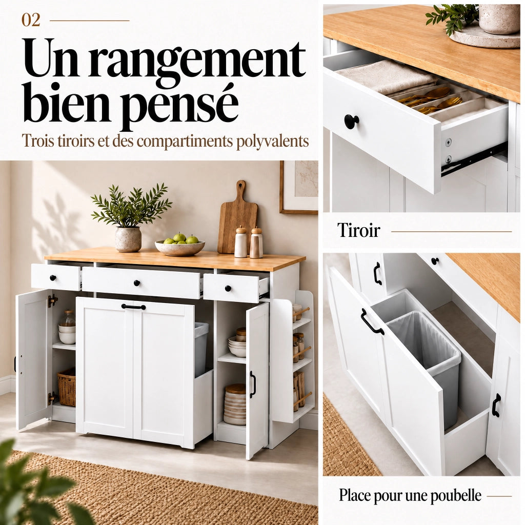 Sideboard bianco con 3 cassetti, 2 ante e piano superiore color legno per cucina e sala da pranzo
