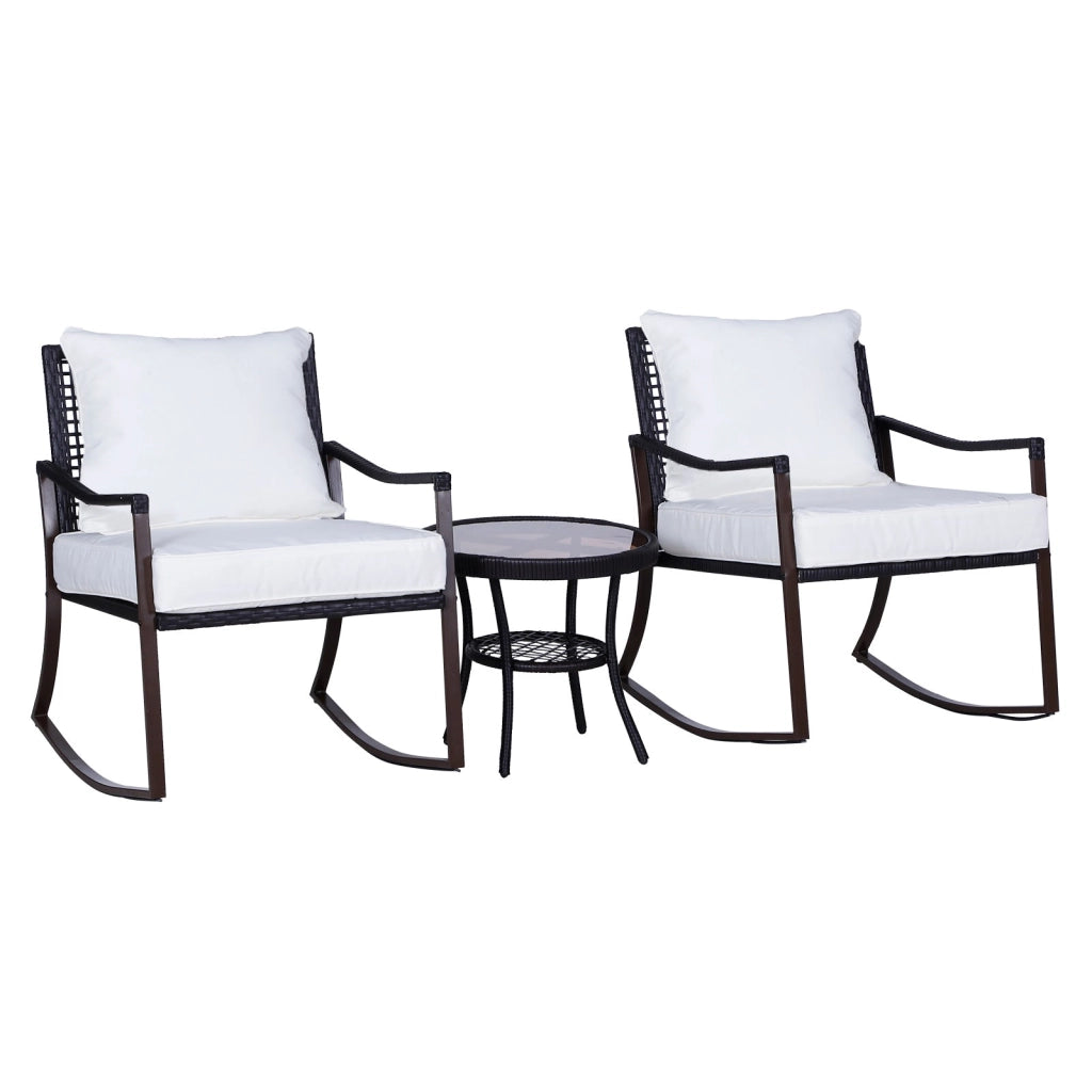 Set Salotto da Giardino in Rattan Sintetico 2 Poltrone a Dondolo e Tavolino Marrone