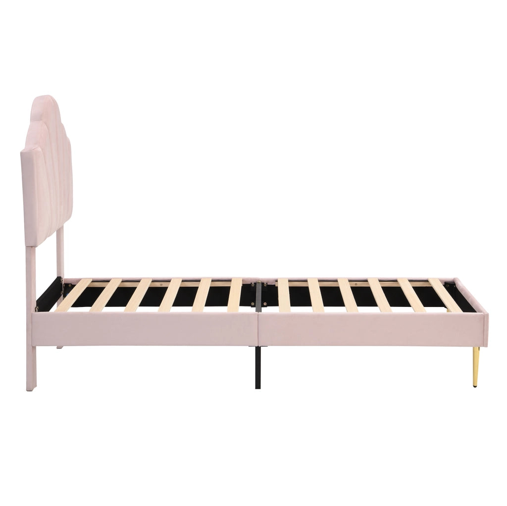 Letto imbottito matrimoniale 90x200 cm in velluto rosa con testiera regolabile e rete a doghe