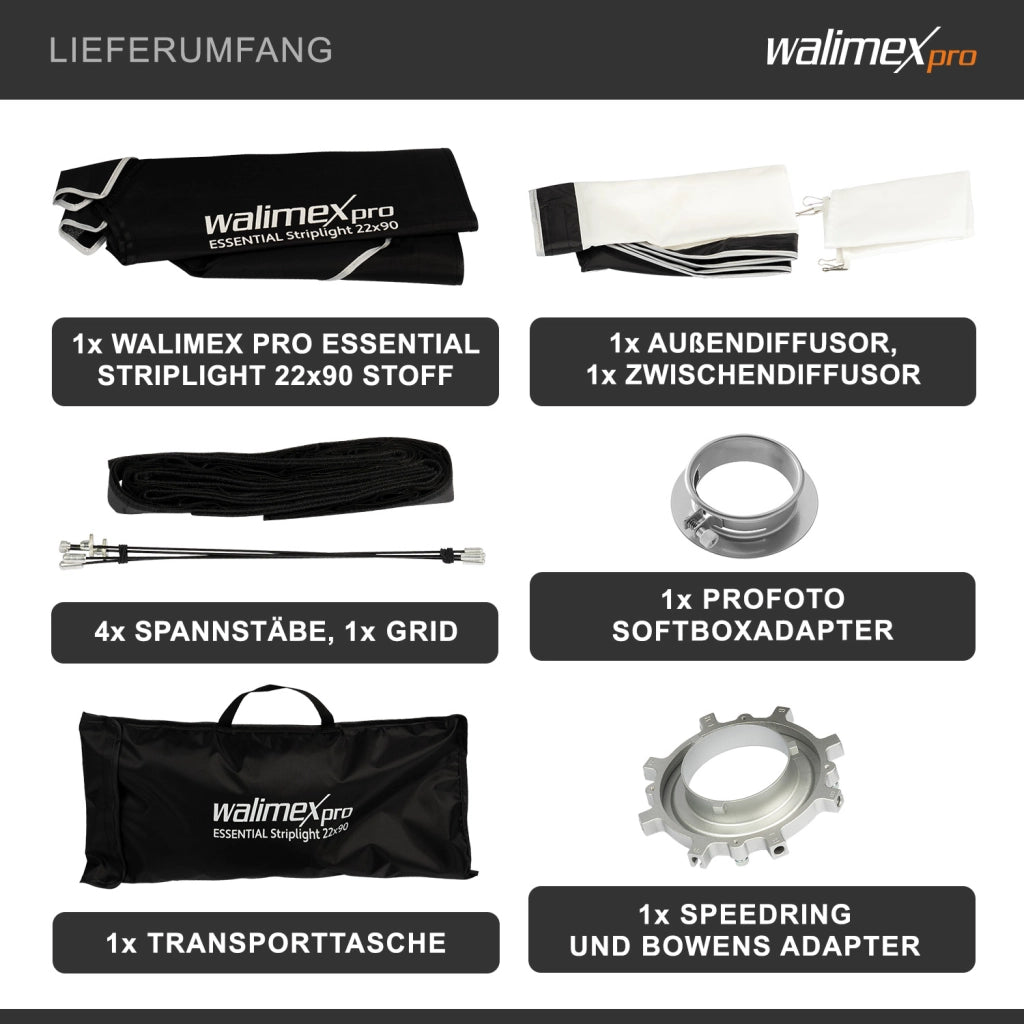 Essential Striplight Softbox 22x90cm + adattatore softbox per Profoto (diametro esterno: 15,2 cm), ruotabile a 360°, facile da montare, griglia inclusa, adattatore Bowens