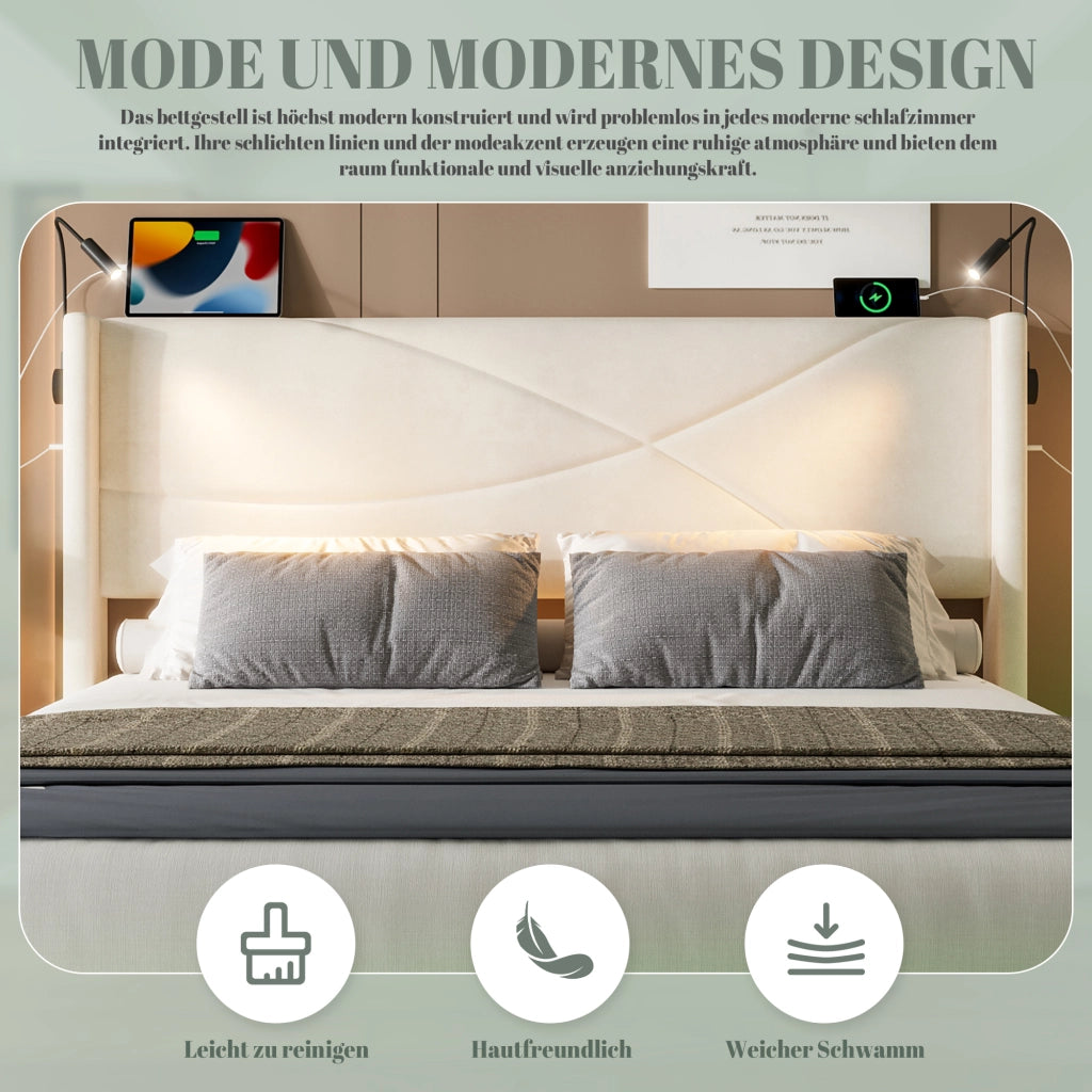 OKWISH Letto Contenitore 140×200 cm, Letto Matrimoniale con USB, Lampade da Lettura e LED Regolabile, senza Materasso, in Velluto, Beige