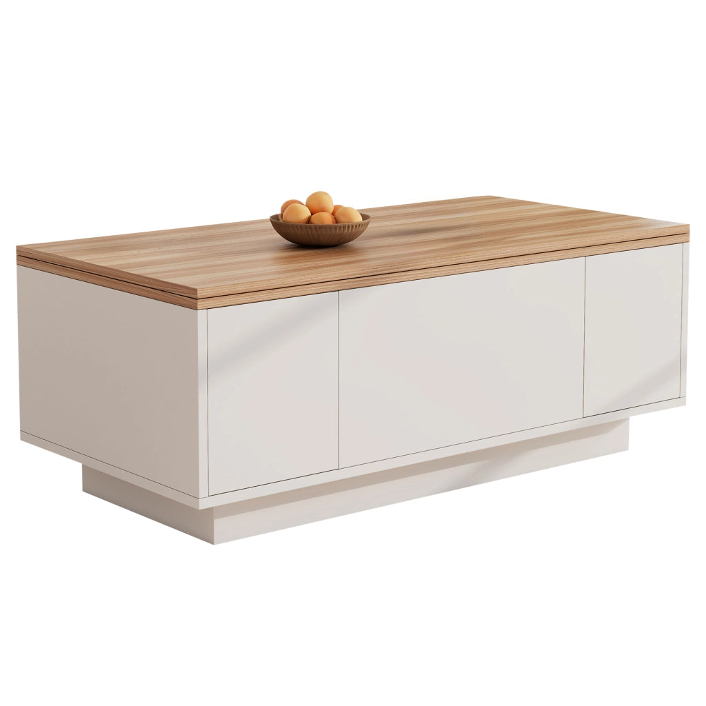 Tavolino da caffè 100x50x55.5 cm; doppio piano sollevabile con vano nascosto; pannello truciolare bianco