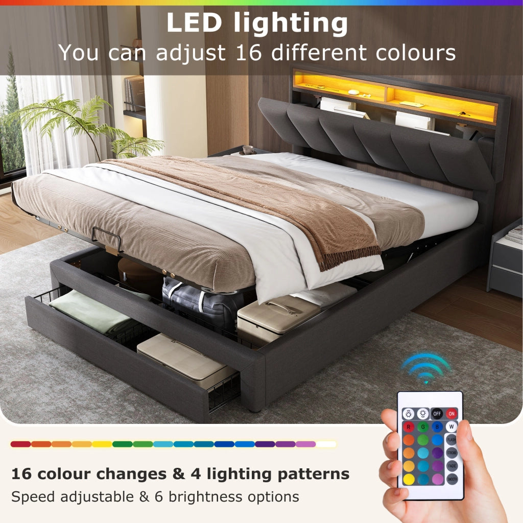 DESMIU Letto imbottito 160 × 200 cm 2 posti con LED, testiera, senza materasso, grigio scuro