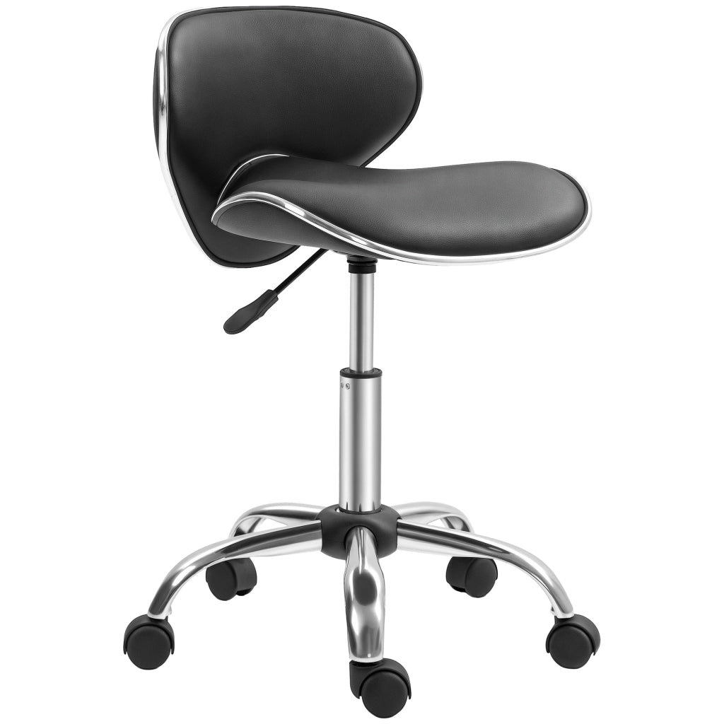 Sgabello da Lavoro con Ruote e Schienale, Girevole 360°, Altezza Regolabile 44-56 cm, Base Cromata, Nero, per Studio e Officina