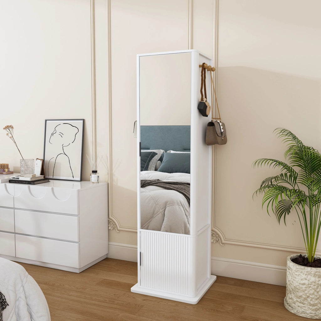 Mobile con specchio girevole a 360° con 6 ganci e 4 ripiani - per camera da letto - in MDF e vetro - 50×50×170 cm - bianco