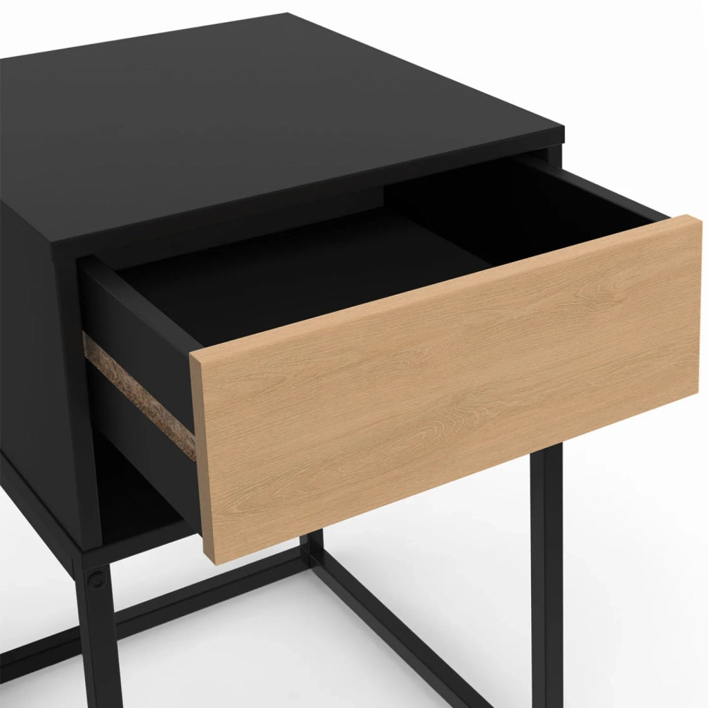 IDMarket - Set di 2 comodini ERNEST, 1 cassetto e 1 nicchia, finitura nera e faggio