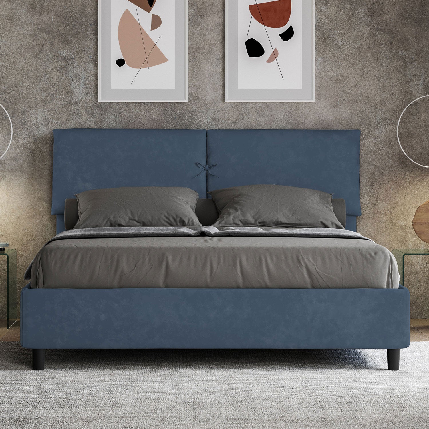Letto Matrimoniale 160x210 cm con Rete e Contenitore con Testata e Alzata Comoda Imbottito in Microfibra Mados Blu