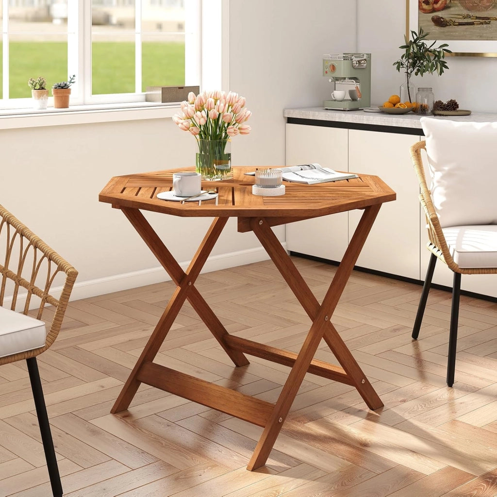 Tavolino da Giardino con Foro per Ombrellone da 5 cm, Tavolino da Caffè in Legno Massello con Struttura a Forma di X Robusta per Patio, Cortile e Bordo Piscina, 90 x 90 x 72 cm