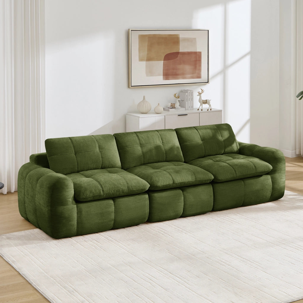 Divano modulare 3 posti con cuscini ergonomici e design trapuntato in ciniglia verde senza montaggio 264 × 97 × 68 cm