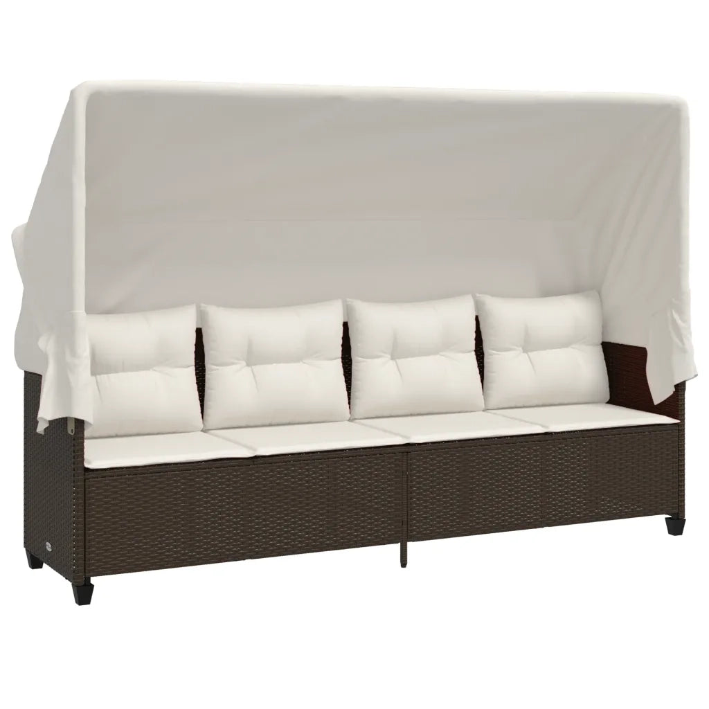 Lettino Prendisole con Baldacchino e Cuscini Marrone Polyrattan 368336