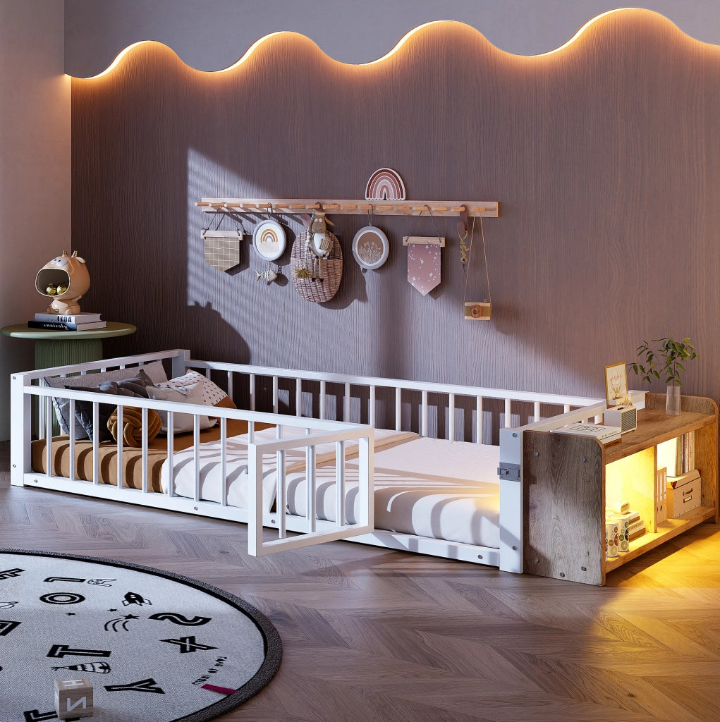 Letto per bambini in metallo 90x200 cm con barriera di protezione e vano aperto