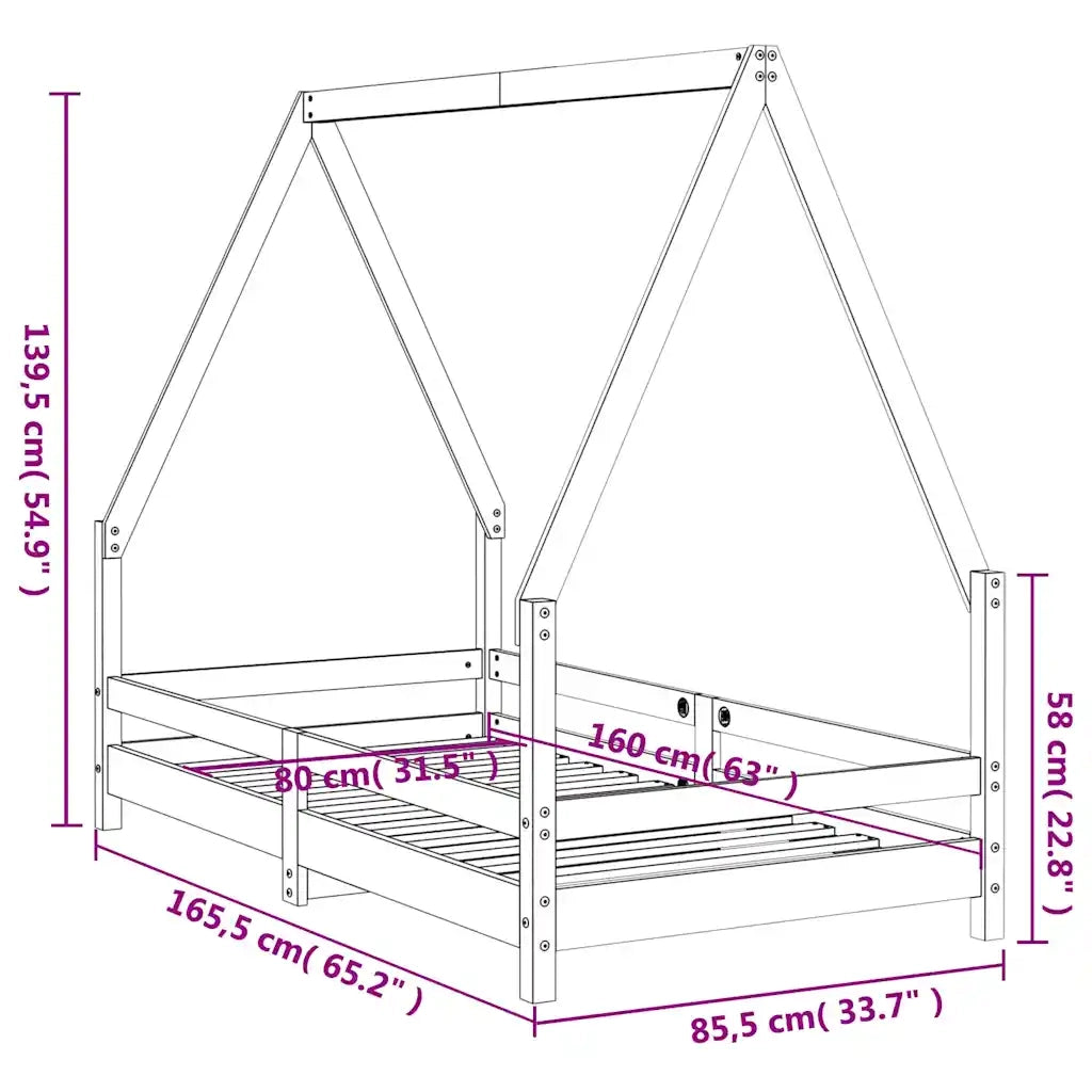Giroletto per Bambini Nero 80x160 cm in Legno Massello di Pino
