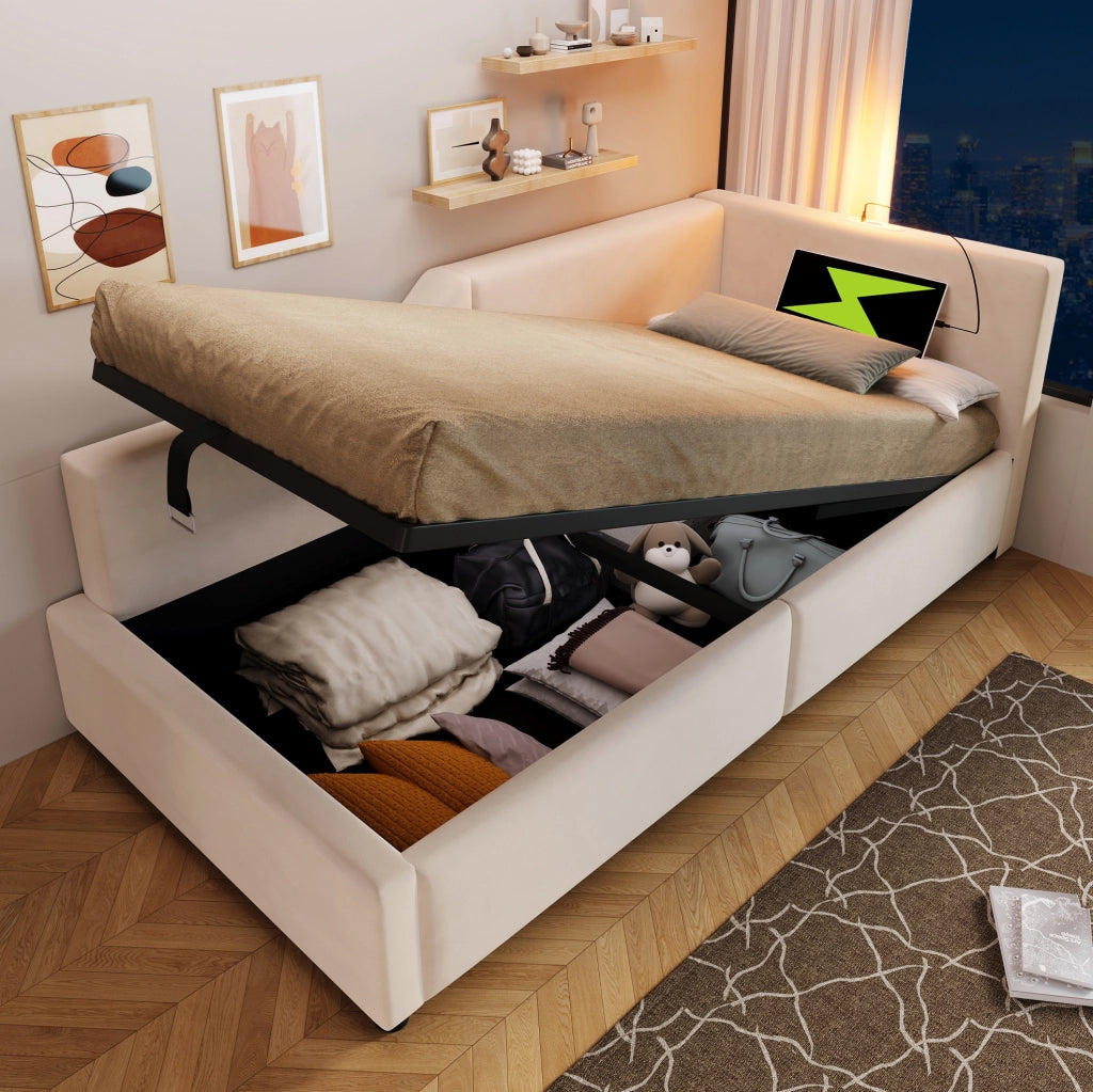 Letto a giorno 90x200 cm con contenitore; lampada da lettura e USB C; velluto beige