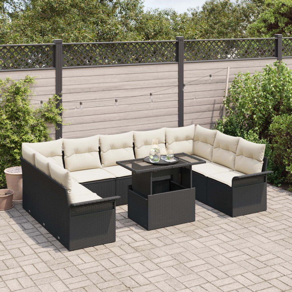 Set di divani da giardino da 10 pezzi con cuscini Polyrattan nero