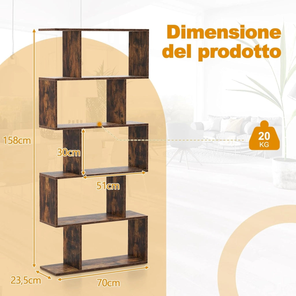 Scaffale in Legno a 5 Ripiani, Libreria Scaffale a Forma di S con Dispositivo Antiribaltamento, Divisorio per Soggiorno Ufficio Camera da Letto, 70 x 23,5 x 158 cm