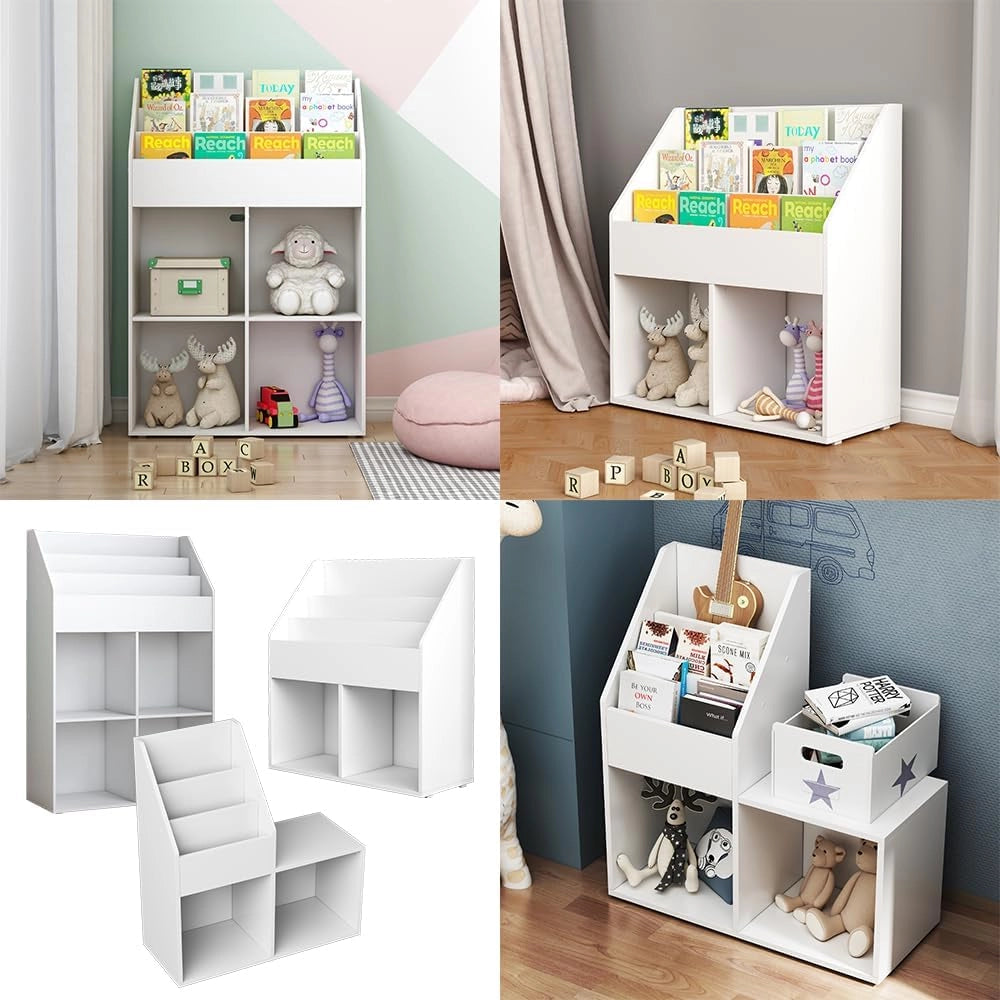 Libreria bambini Conny, Bianco, 72 x 111 cm con 4 ripiani per scatole pieghevoli, adatto per riporre giocattoli e libri