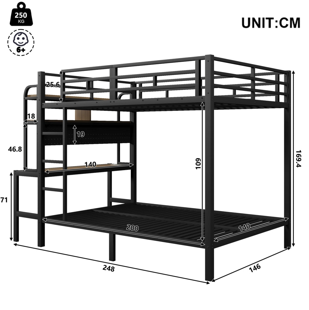 Letto a castello 140x200 cm con scrivania, LED e USB nero